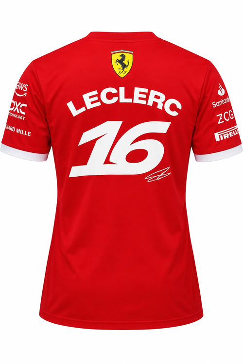 Camiseta corte femenino DERRAPA Ferrari Rojo con puños blancos, vista frontal, sobre fondo blanco