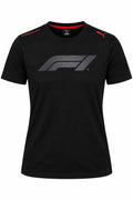 Camiseta corte femenino DERRAPA Formula 1 Negro con logo gris y detalles rojos, vista frontal, sobre fondo blanco
