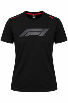 Camiseta corte femenino DERRAPA Formula 1 Negro con logo gris y detalles rojos, vista frontal, sobre fondo blanco