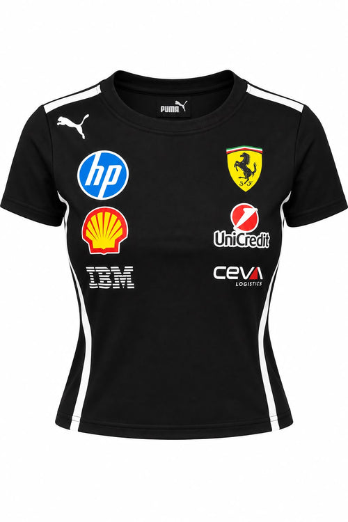 Camiseta corta (ombliguera) DERRAPA Ferrari Negro con vivos blancos, vista frontal, sobre fondo blanco