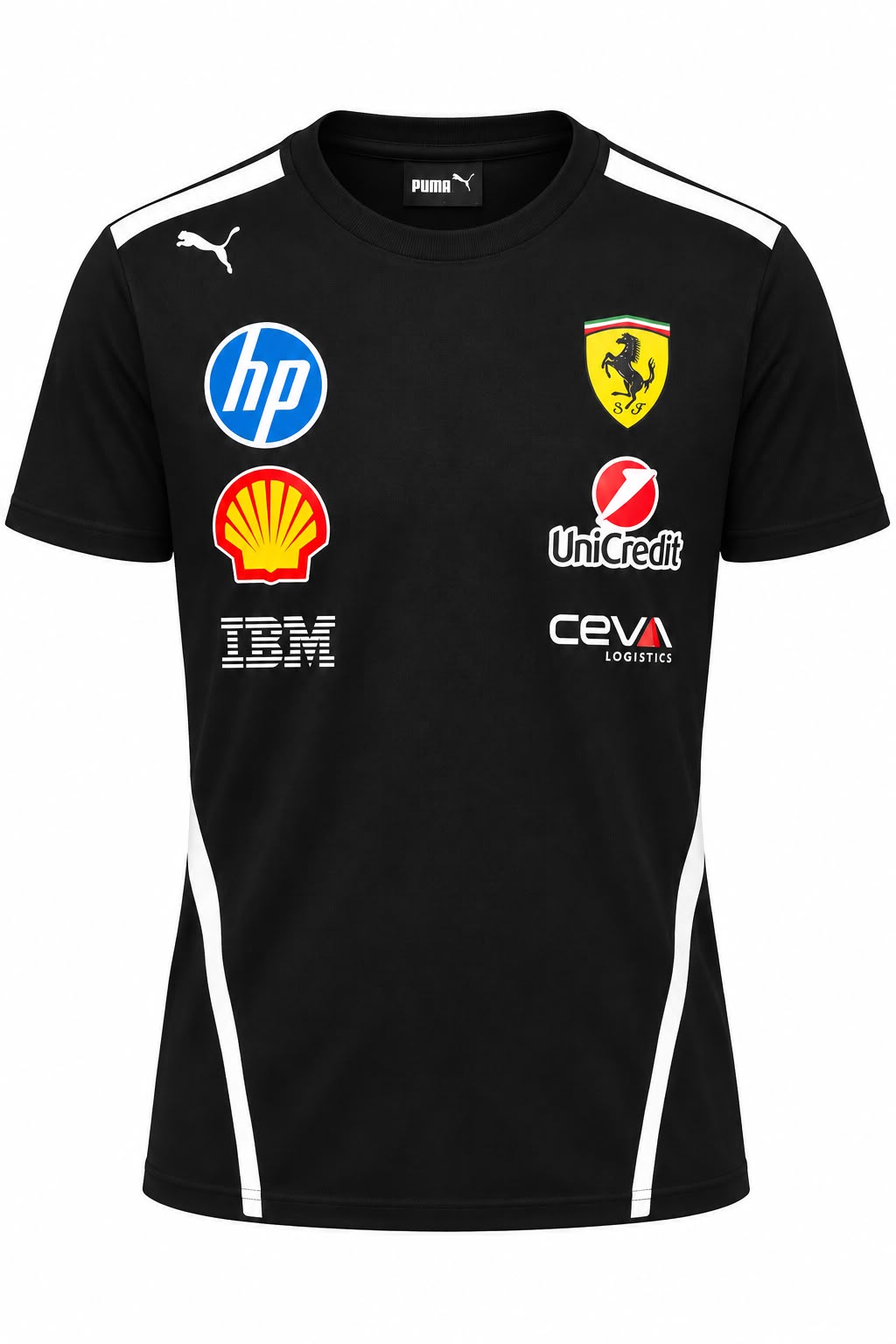 Camiseta DERRAPA Ferrari Negro con vivos blancos, vista frontal, sobre fondo blanco