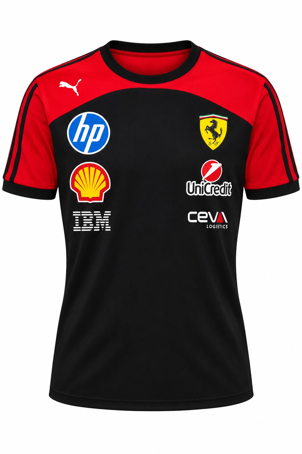 Camiseta DERRAPA Ferrari Negro con hombros rojos, vista frontal, sobre fondo blanco