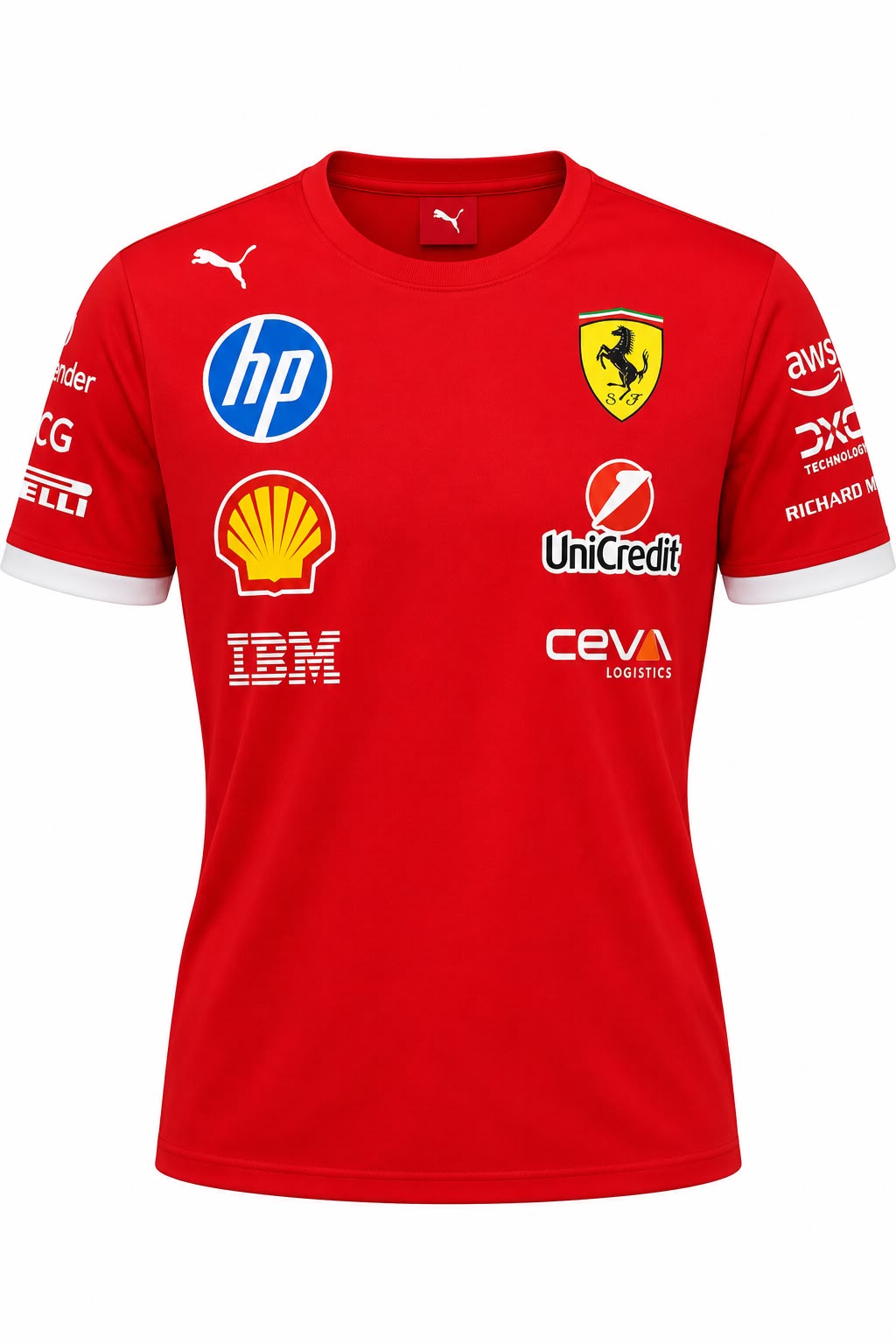 Camiseta corte femenino DERRAPA Ferrari Rojo con puños blancos, vista frontal, sobre fondo blanco