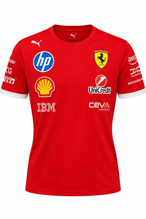 Camiseta corte femenino DERRAPA Ferrari Rojo con puños blancos, vista frontal, sobre fondo blanco