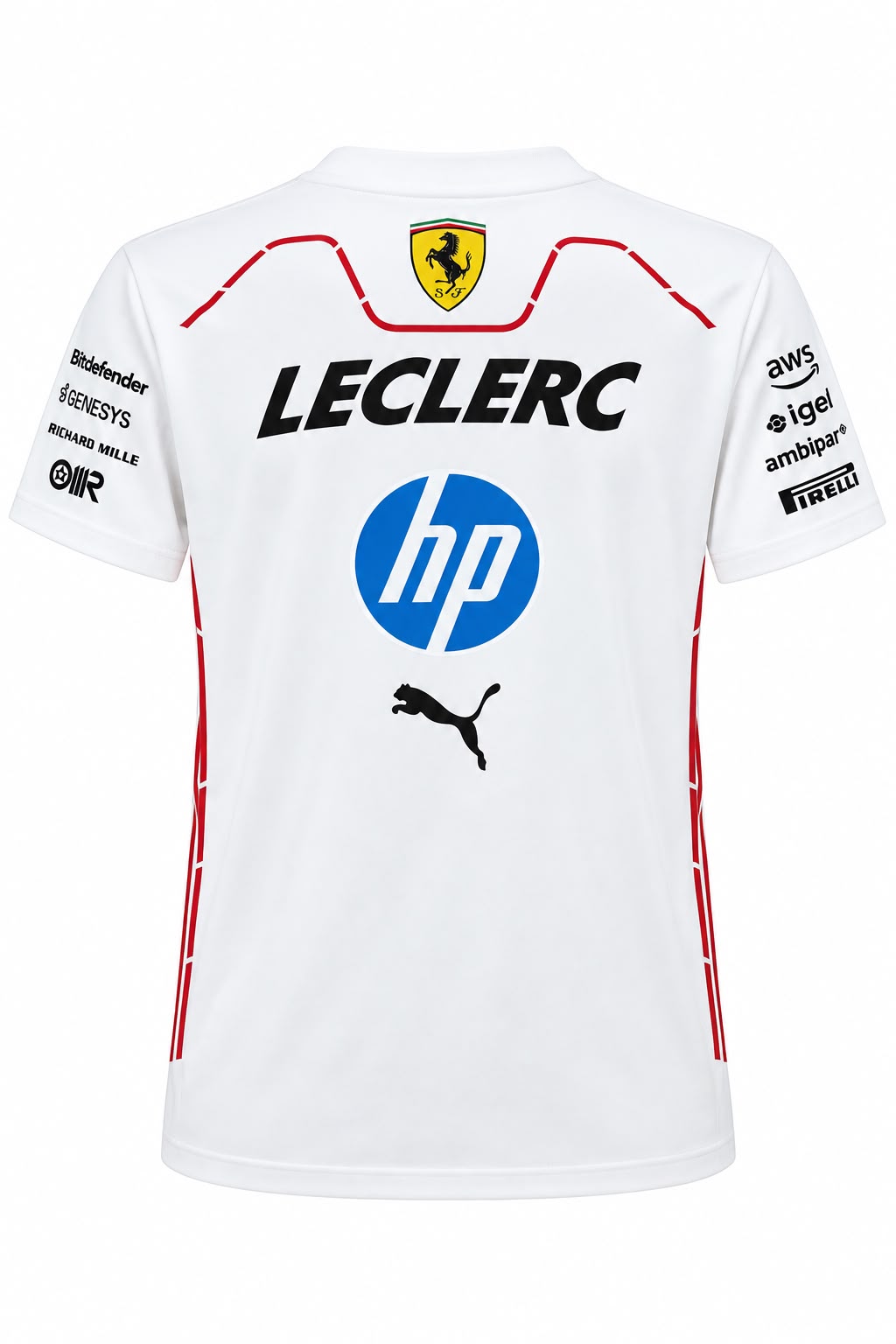 Camiseta corte femenino DERRAPA Ferrari Blanco con líneas rojas, vista frontal, sobre fondo blanco