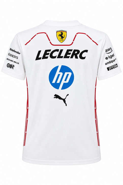 Camiseta corte femenino DERRAPA Ferrari Blanco con líneas rojas, vista frontal, sobre fondo blanco