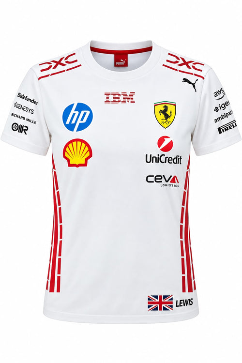 Camiseta corte femenino DERRAPA Ferrari Blanco con líneas rojas, vista frontal, sobre fondo blanco