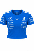 Camiseta corta (ombliguera) DERRAPA Mercedes-AMG Petronas Azul rey con blanco, vista frontal, sobre fondo blanco