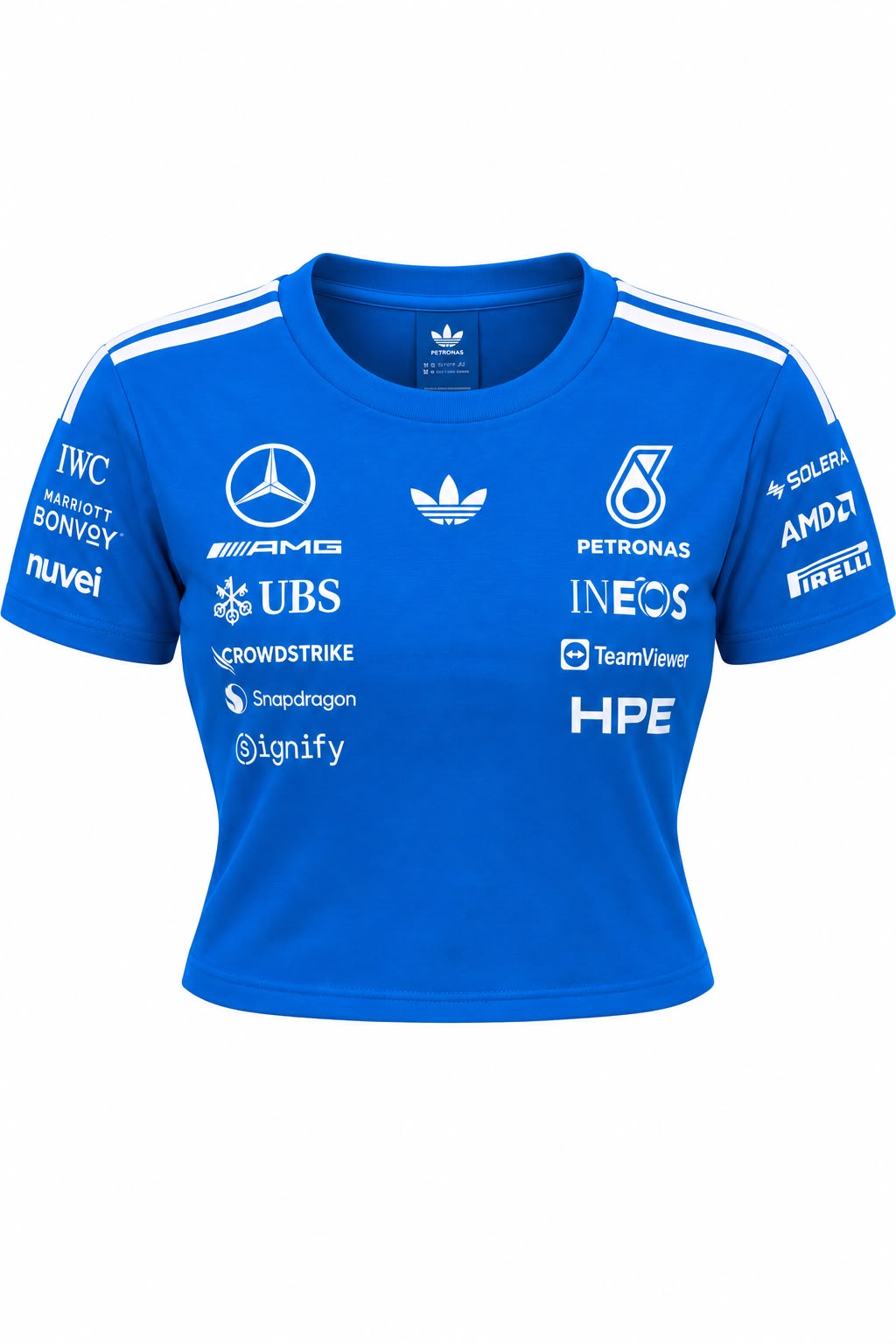 Camiseta corta (ombliguera) DERRAPA Mercedes-AMG Petronas Azul rey con blanco, vista frontal, sobre fondo blanco