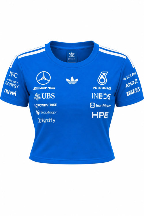 Camiseta corta (ombliguera) DERRAPA Mercedes-AMG Petronas Azul rey con blanco, vista frontal, sobre fondo blanco