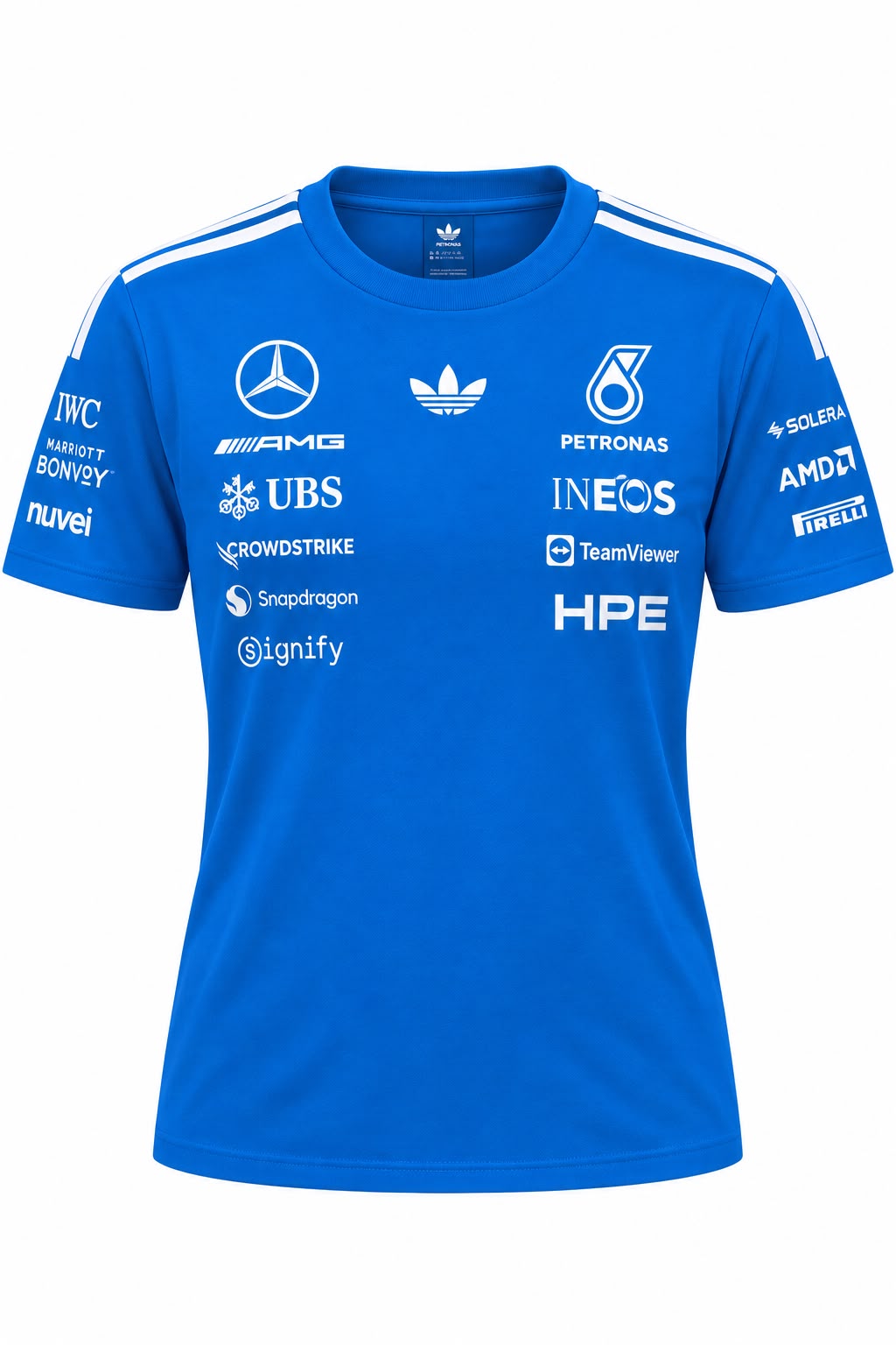 Camiseta corte femenino DERRAPA Mercedes-AMG Petronas Azul rey con blanco, vista frontal, sobre fondo blanco