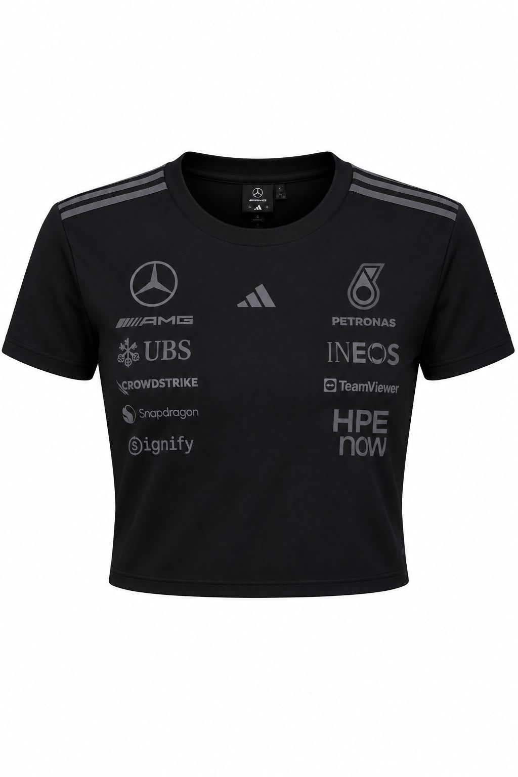 Camiseta corta (ombliguera) DERRAPA Mercedes-AMG Petronas Negro con logos en gris del mismo tono, vista frontal, sobre fondo blanco