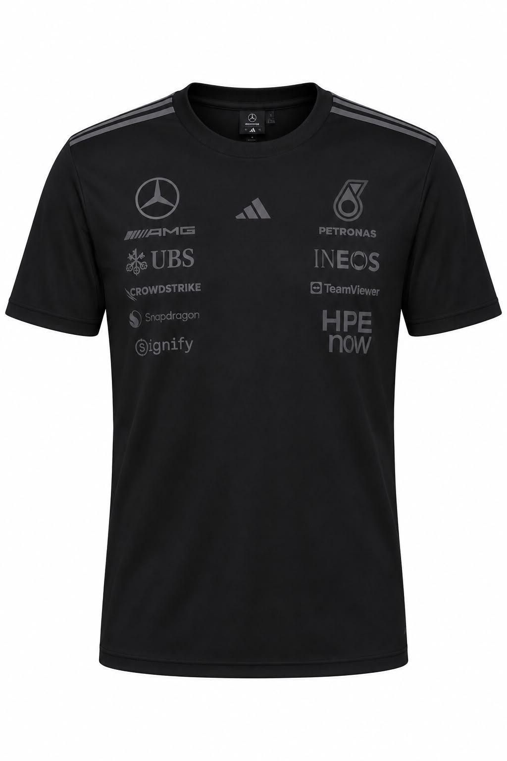 Camiseta DERRAPA Mercedes-AMG Petronas Negro con logos en gris del mismo tono, vista frontal, sobre fondo blanco