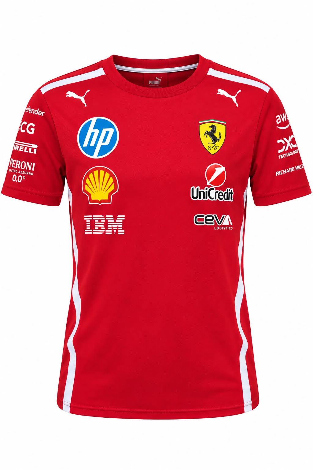 Camiseta corte femenino DERRAPA Ferrari Rojo con franjas blancas, vista frontal, sobre fondo blanco