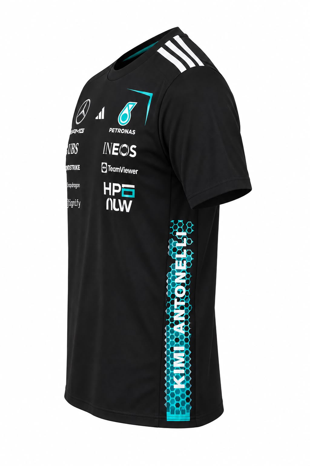 Camiseta DERRAPA Mercedes-AMG Petronas Negro con turquesa y blanco, vista 2, sobre fondo blanco