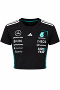 Camiseta corta (ombliguera) DERRAPA Mercedes-AMG Petronas Negro con turquesa y blanco, vista frontal, sobre fondo blanco