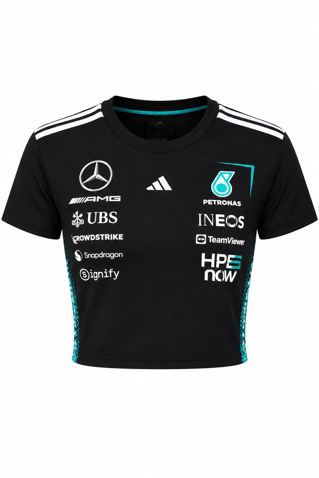 Camiseta corta (ombliguera) DERRAPA Mercedes-AMG Petronas Negro con turquesa y blanco, vista frontal, sobre fondo blanco