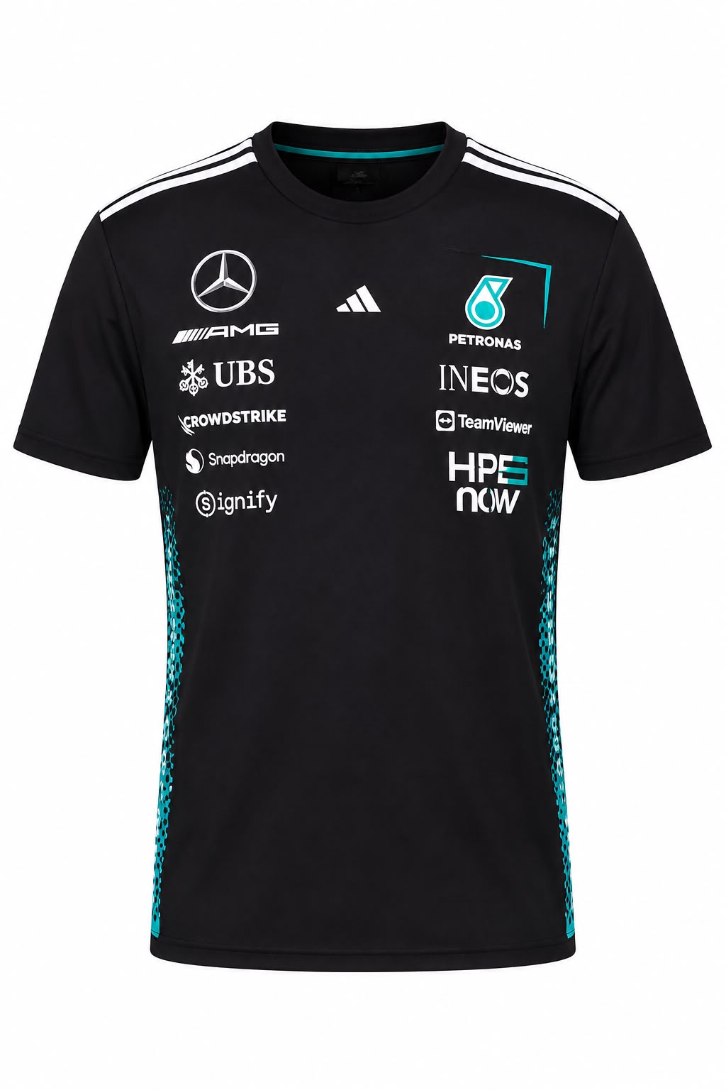 Camiseta DERRAPA Mercedes-AMG Petronas Negro con turquesa y blanco, vista frontal, sobre fondo blanco