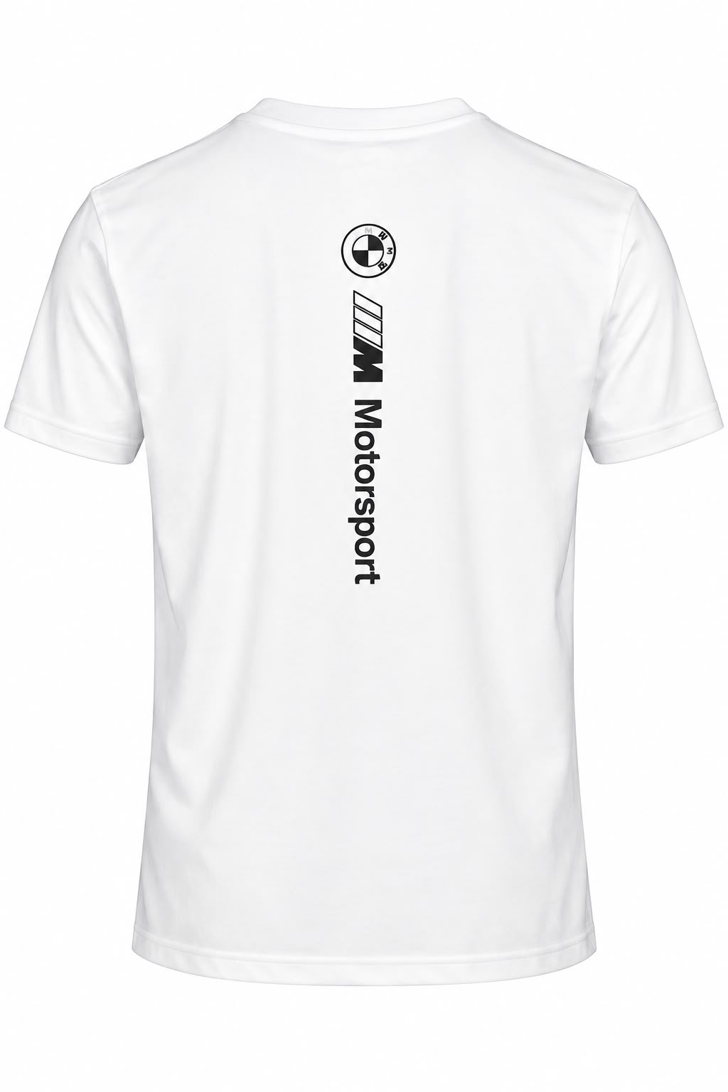 Camiseta BMW M Motorsport blanco con letras negras, vista frontal