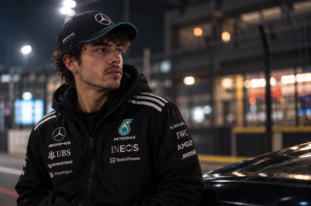 Chaqueta y gorra Mercedes calidad 1:1 en la pista de noche