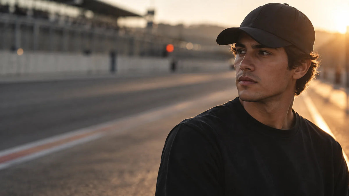Hombre joven con gorra negra lisa en la recta de un autódromo al atardecer